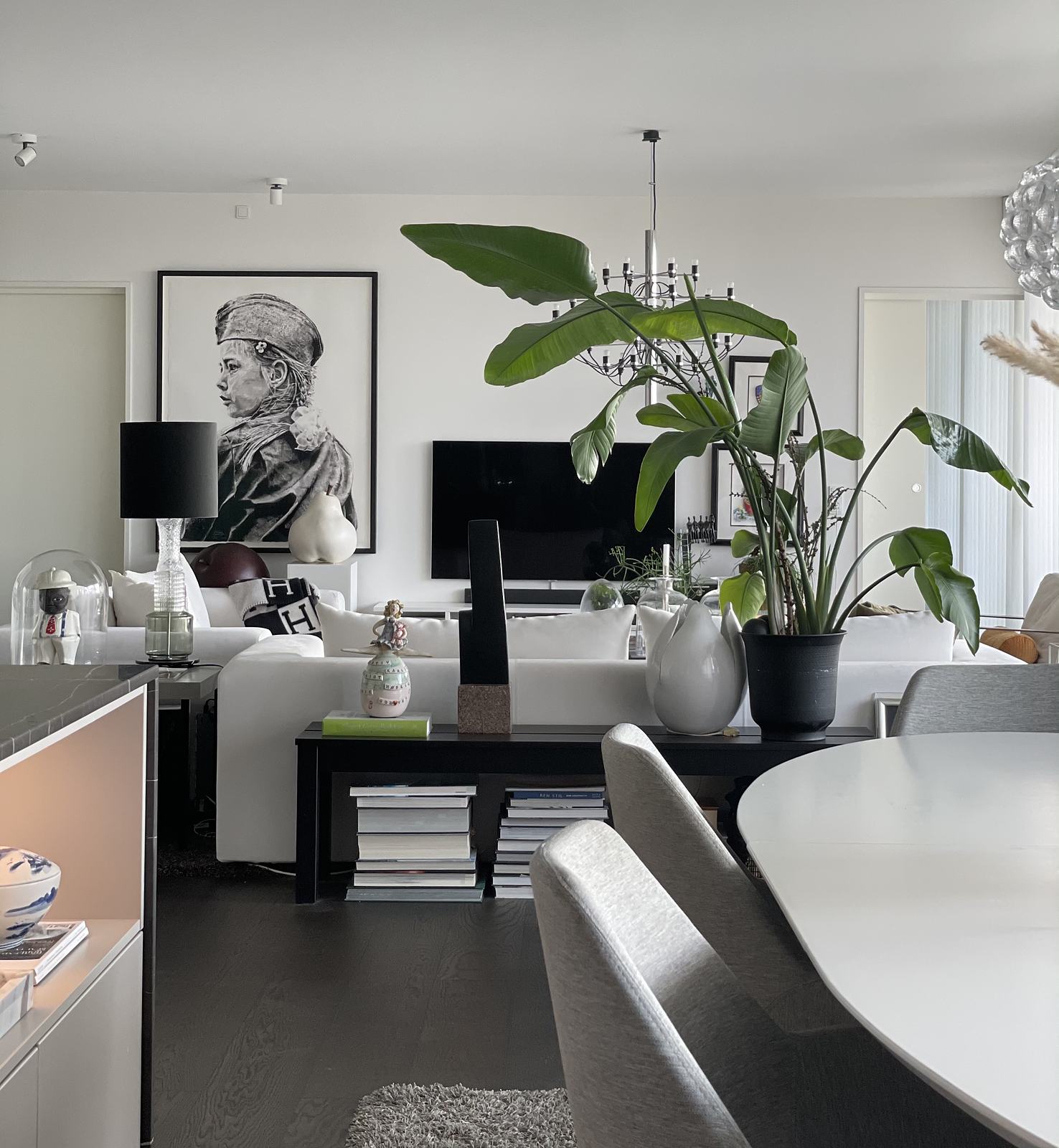 Stue og spiseplads i sort og hvid med store planter